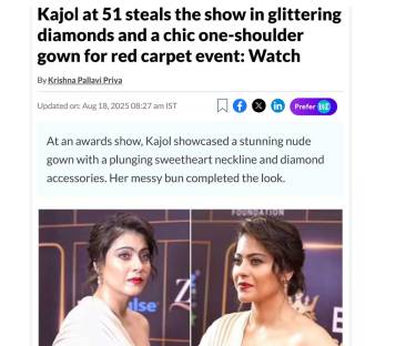 <b>Hindustan Times:</b> Kajol at 51 steals the show in glittering diamonds and a chic one-shoulder gown for red carpet event: Watch